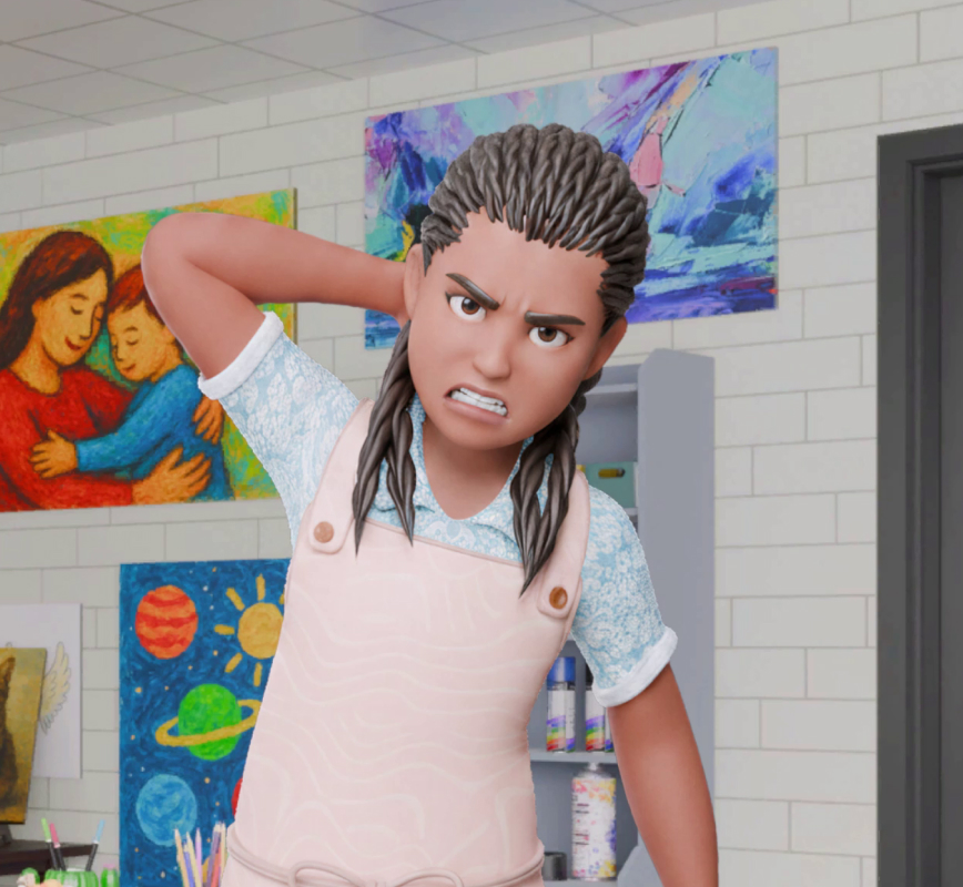 Zoe glares in frustration.