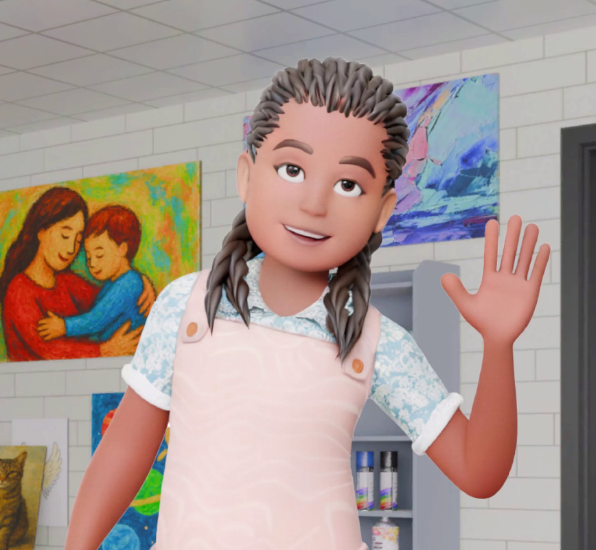 Zoe waves, standing in an art classroom.