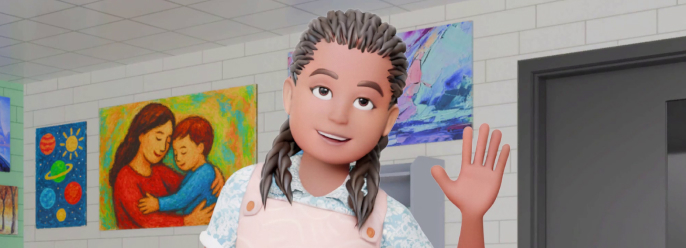 Zoe waves, standing in an art classroom.