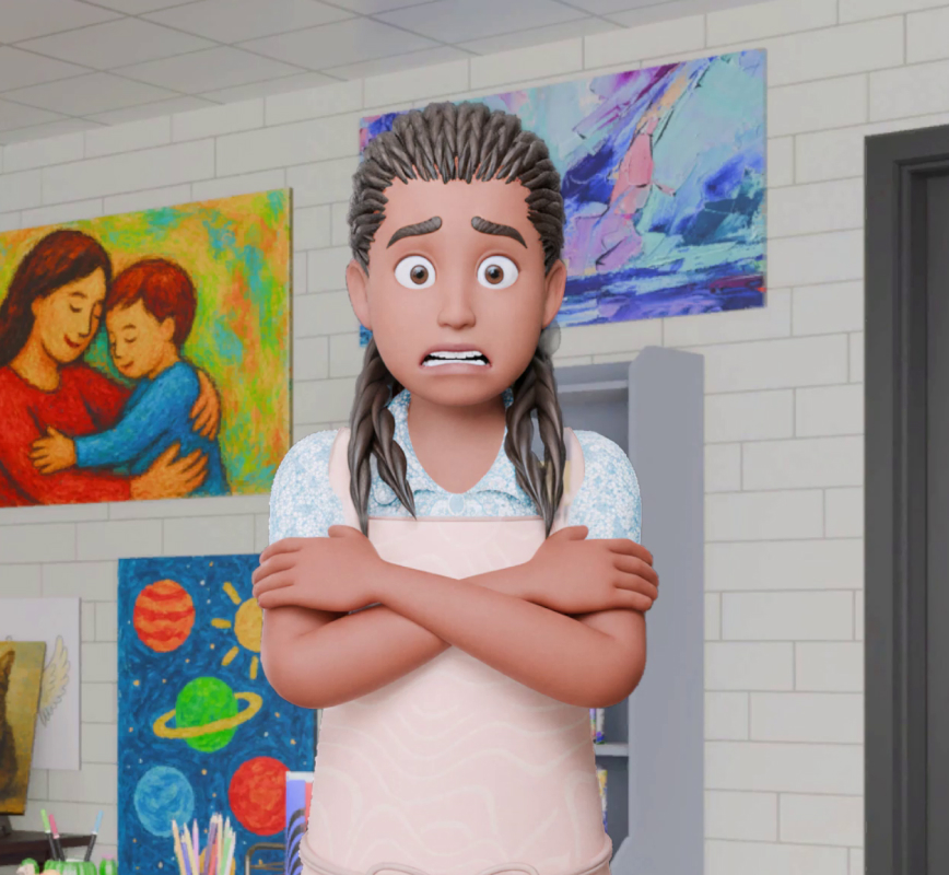 Zoe crosses her arms, feeling frazzled.