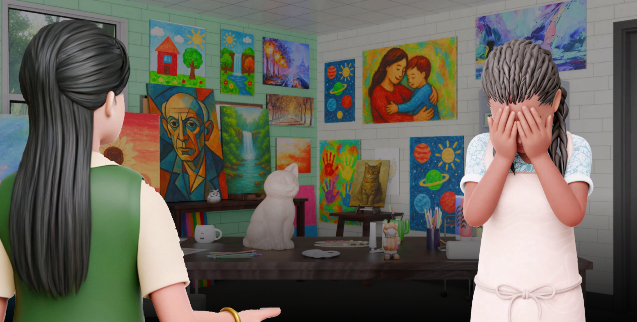 Zoe puts her head in her hands in response to her teacher's bad news.