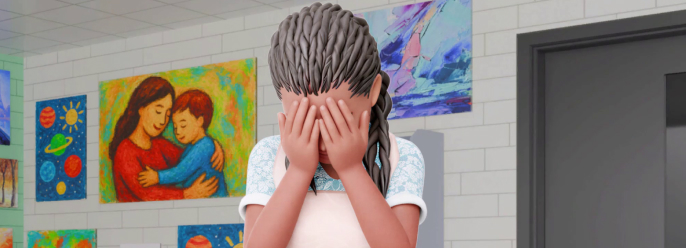 Zoe puts her head in her hands, feeling overwhelmed.