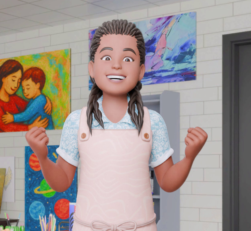 Zoe pumps her fists in celebration.